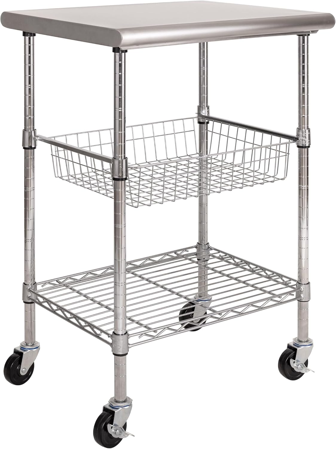 Commercial Kitchen Island On Wheels - ステンレス製業務用調理台カート、モバイルキッチンアイランドワークステーション、調節可能なワイヤーシェルフとスライド式バスケット付き、ロック可能な車輪付き、料理・ベーキング・食品準備用