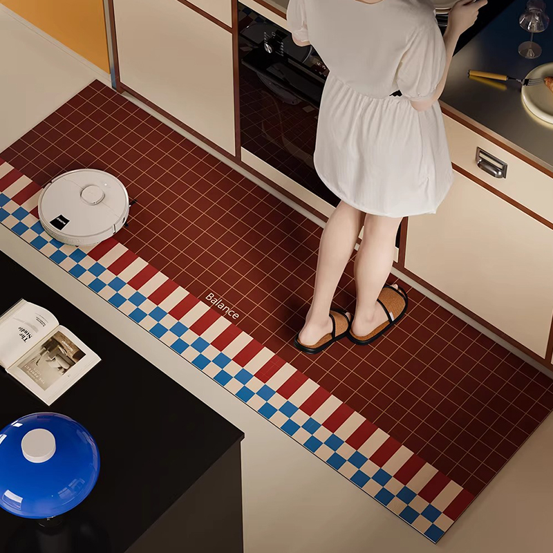 Commercial Kitchen And - キッチンラグ ロング 防水 滑り止めカーペット プレミアムチェック柄フットマット PVCレザー