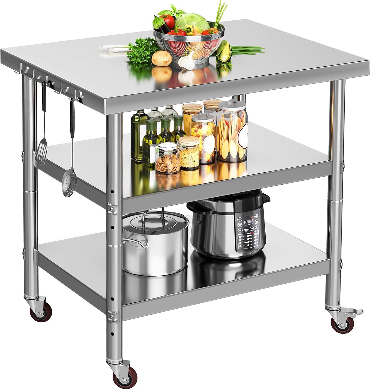 Commercial Kitchen Island On Wheels - ステンレス製食品準備台、3段式頑丈な金属製ワークステーションカート（ロック可能な車輪付き）、業務用キッチン、レストラン、ガレージ、屋外用のユーティリティ収納ラックオーガナイザーアイランド