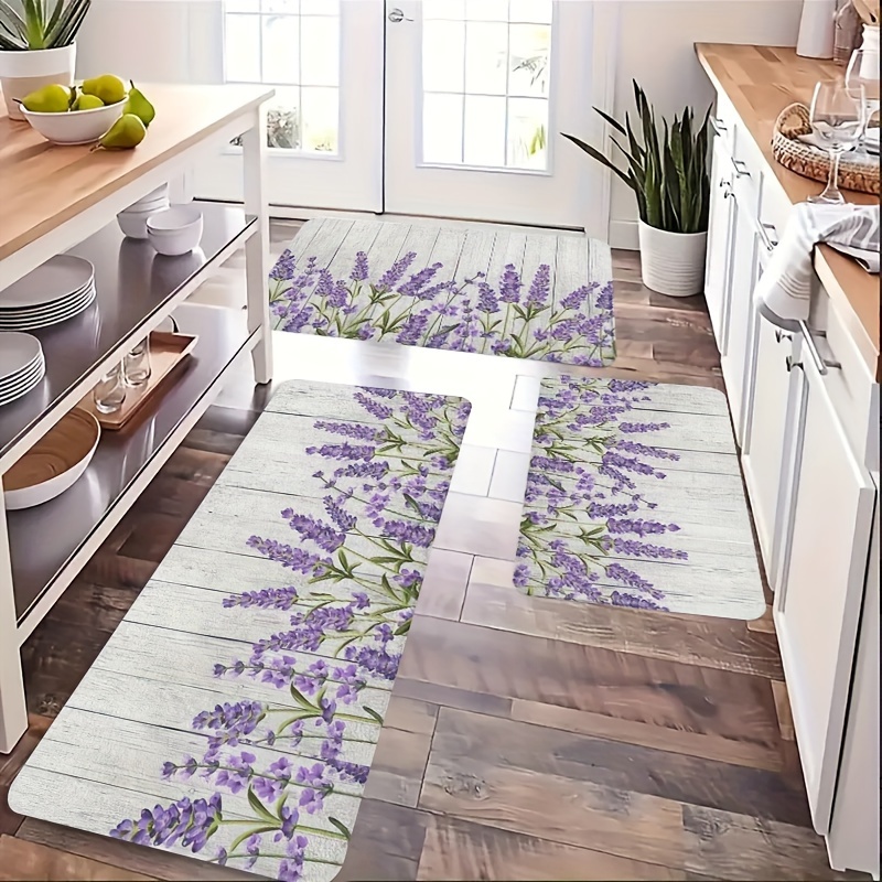 Kitchen Flooring Commercial - VIKAMA 花と植物のキッチンマット、ラベンダーの花柄デザインのランナーラグ、ランドリールーム、バスルーム、屋外および屋内ホームデコレーション