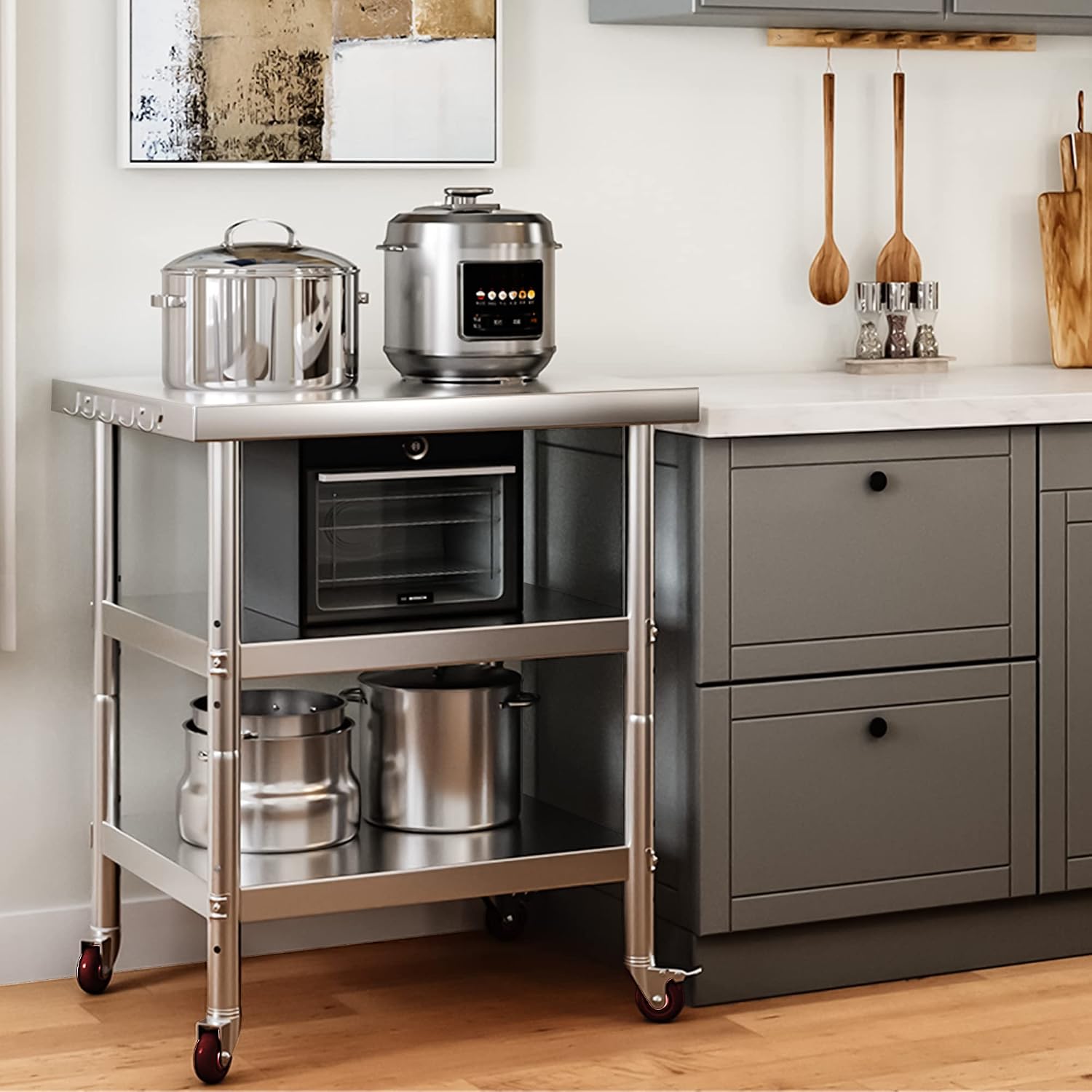 ステンレス製食品準備台、3段式頑丈な金属製ワークステーション - Commercial Kitchen Island On Wheels のレビューと価格