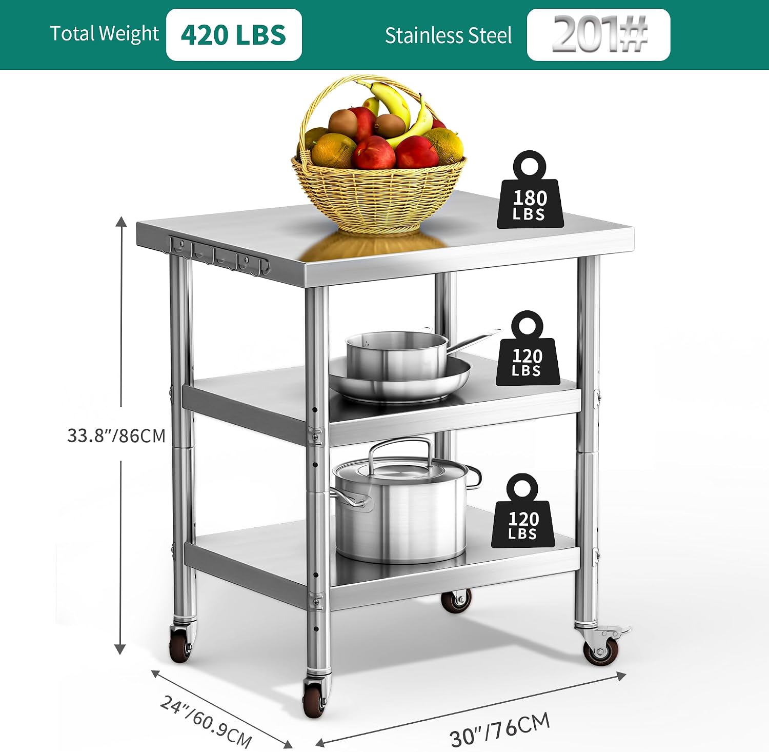ステンレス製食品準備台、3段式頑丈な金属製ワークステーション - Commercial Kitchen Island On Wheels のレビューと価格