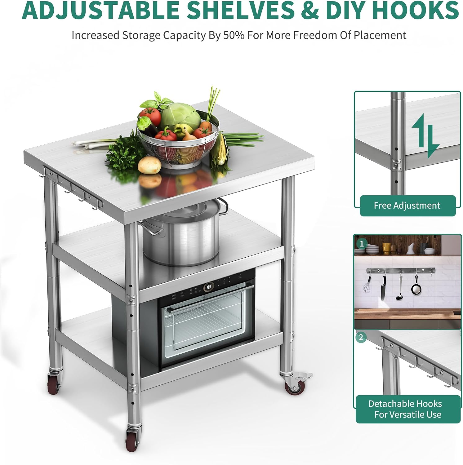ステンレス製食品準備台、3段式頑丈な金属製ワークステーション - Commercial Kitchen Island On Wheels のレビューと価格